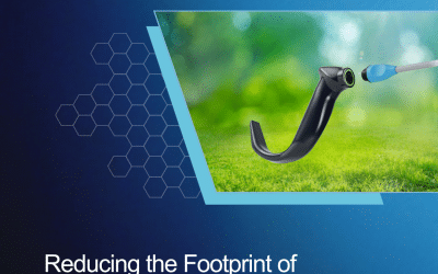 Current Events in MedTech: Reducing the footprint of disposable medical devices. Shown with a connector and device.